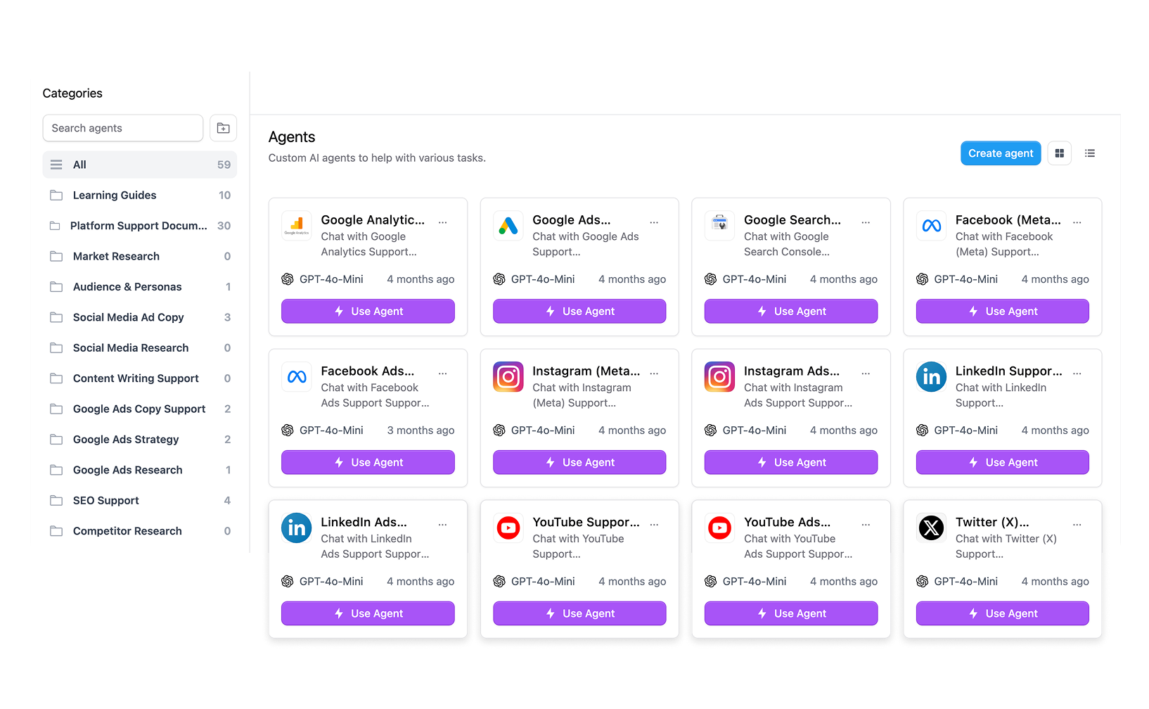 Custom agents selection menu and dashboard