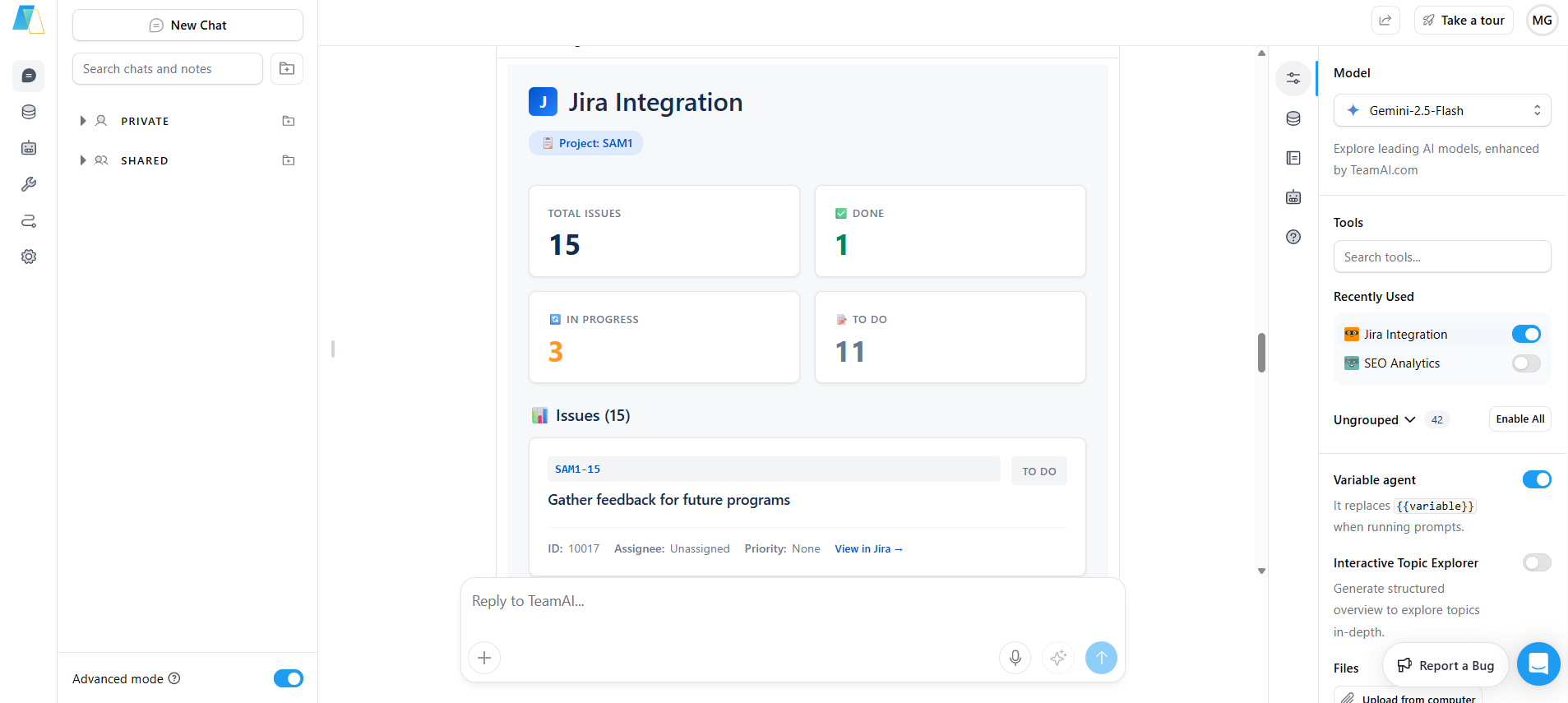 TeamAI queries Jira to retrieve specific project data and generates a user interface (UI) for easy information visualization, creating a dashboard that displays total issues, completed, in-progress, and to-do tasks all in the teamai chat platform
