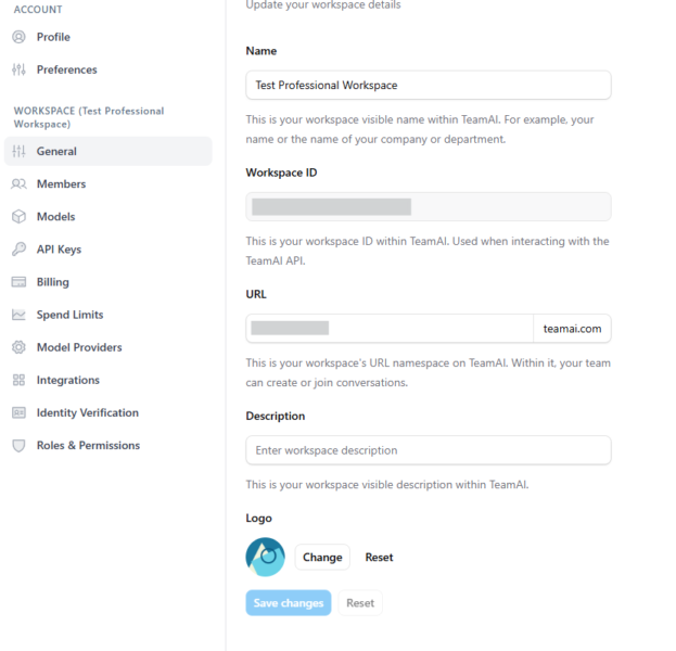The left panel's 'Settings' menu is open, displaying the 'General' options. Fields visible include Workspace Name (for display), Workspace ID (for API), Workspace URL (for conversations), a visible Description field, and an option to personalize the workspace logo.