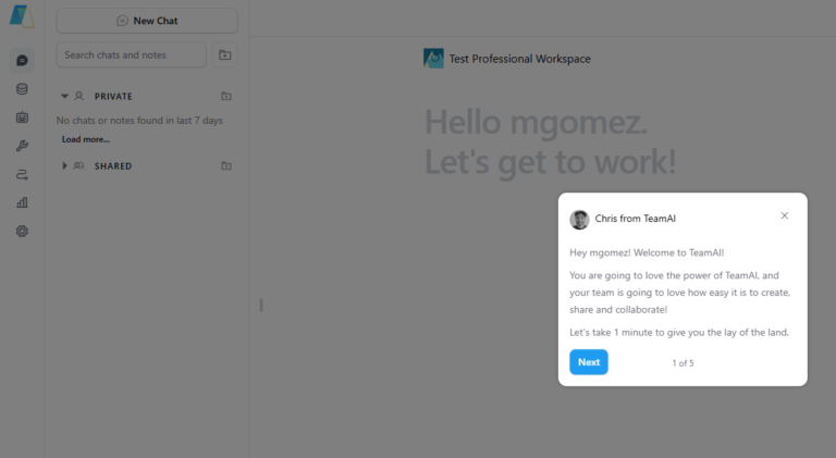 Screenshot of the TeamAI platform, showcasing the 'Take the Tour' feature as a key support mechanism to help users easily navigate and adapt to the interface, ensuring a smooth onboarding experience.