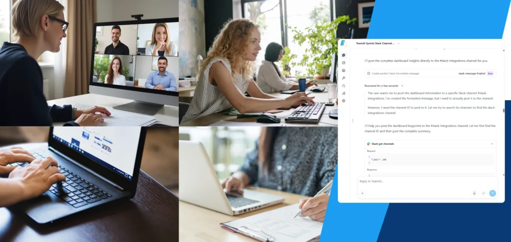 This image depicts a modern work environment, showcasing a collage of activities related to remote collaboration and digital communication. On the top left, a woman engages in a video conference with multiple participants, highlighting virtual meetings. The top right and bottom right sections show individuals working on computers in an office setting, with one scene focusing on typing and another on a laptop with a clipboard. The bottom left captures a close-up of hands typing on a laptop, emphasizing focused work. Overlaying these scenes is a screenshot of a digital communication platform, likely Slack, showing a conversation thread with automated messages and requests, indicating task management and integration within a team's workflow. The overall theme is the integration of technology in contemporary work practices, facilitating both remote and in-office collaboration and communication.