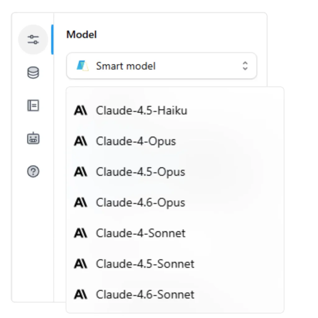The image displays a dropdown menu labeled "Model" with a selected option of "Smart model." Below this, a list of various Claude AI models is presented, including Claude-4.5-Haiku, Claude-4-Opus, Claude-4.5-Opus, Claude-4.6-Opus, Claude-4-Sonnet, Claude-4.5-Sonnet, and Claude-4.6-Sonnet. The interface suggests a selection process for choosing an AI model for a specific task or application.
