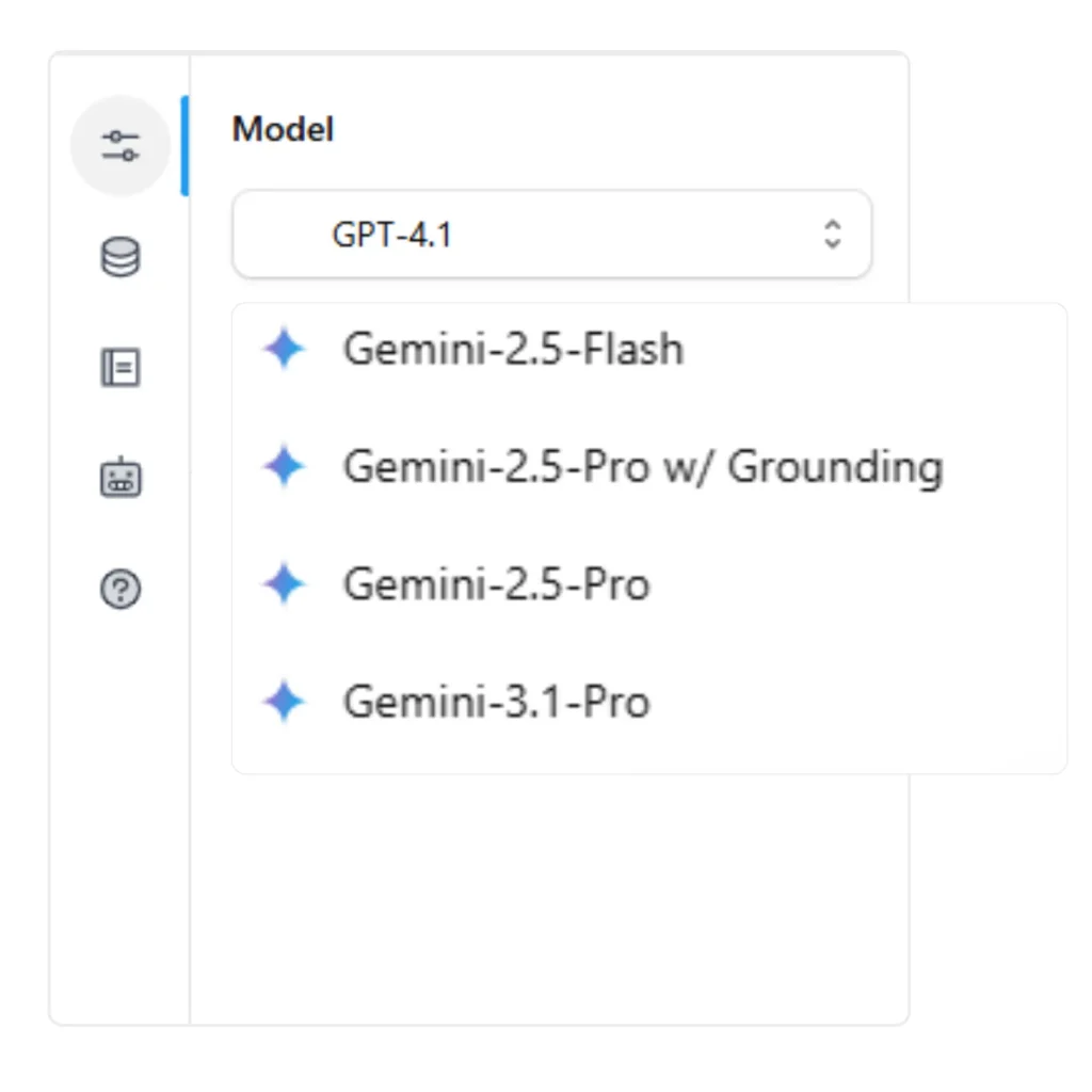 The image displays a dropdown menu labeled "Model" within a user interface. The currently selected model is "GPT-4.1", and the dropdown reveals a list of alternative models, including various versions of Gemini: "Gemini-2.5-Flash", "Gemini-2.5-Pro w/ Grounding", "Gemini-2.5-Pro", and "Gemini-3.1-Pro". The interface also shows icons on the left sidebar, suggesting different functional areas like settings, data, documents, and help.