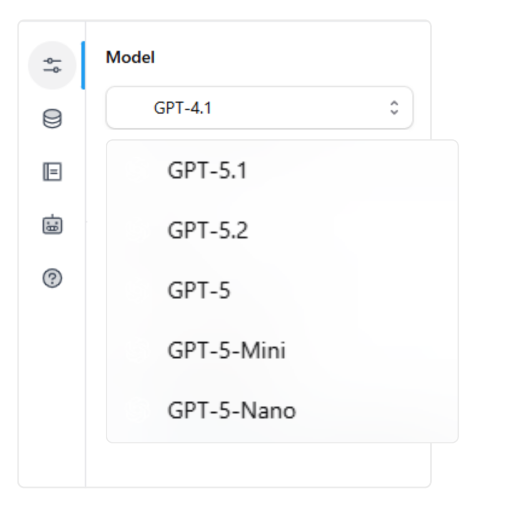 The image displays a dropdown menu for selecting a 'Model', with 'GPT-4.1' currently selected. The available options below include 'GPT-5.1', 'GPT-5.2', 'GPT-5', 'GPT-5-Mini', and 'GPT-5-Nano', suggesting a selection interface for different versions of a GPT language model.
