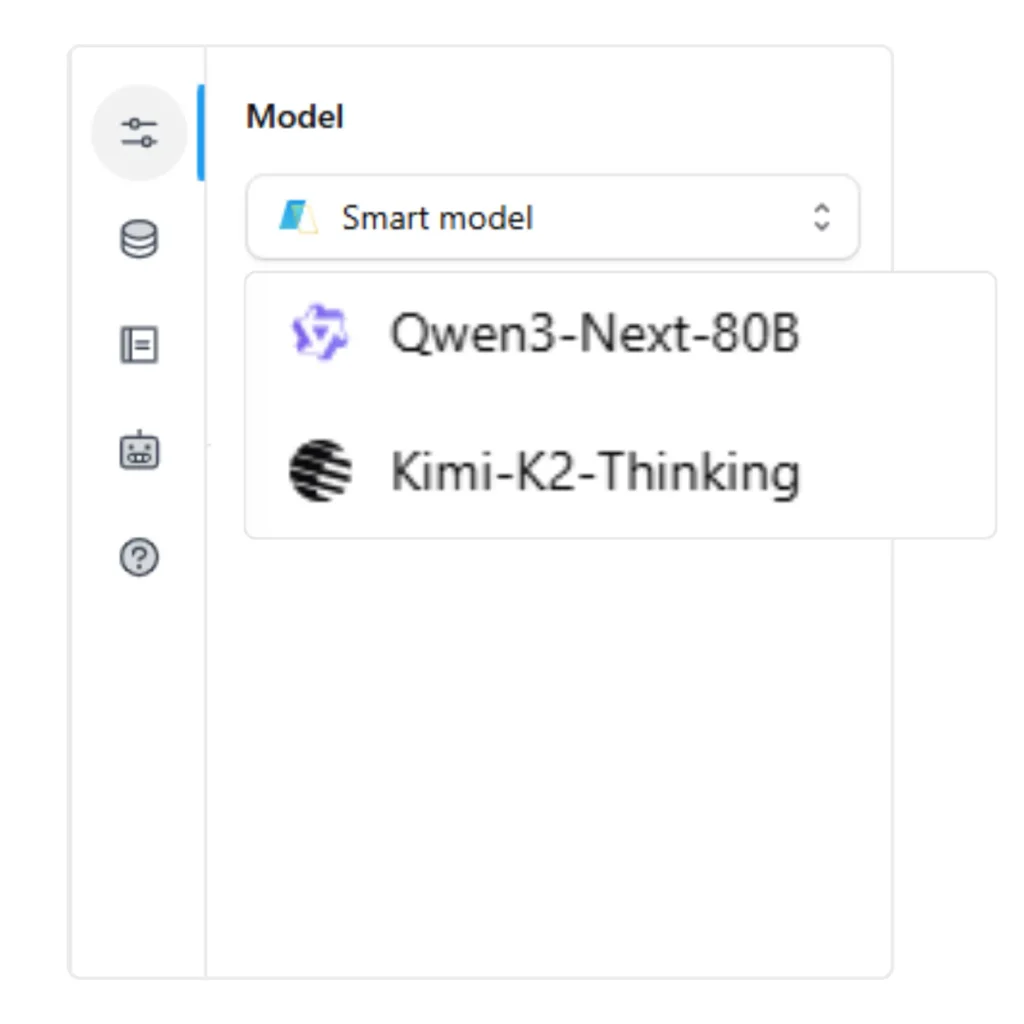 The image displays a user interface for selecting a model, with options including "Smart model," "Qwen3-Next-80B," and "Kimi-K2-Thinking." The left sidebar contains icons for different sections like "Model," "Database," "Document," "Settings," and "Help."