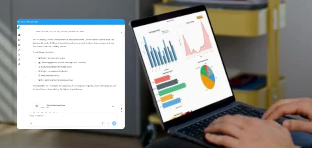 A person is using a laptop displaying various charts and graphs, possibly for data analysis or business reporting. To the left, a document with text is visible, suggesting a work or study context.
