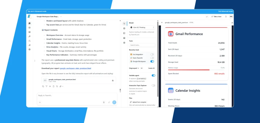 This image displays a screenshot of a web application, likely a dashboard or reporting tool, showcasing Google Workspace statistics. The interface features a modern card-based design with sections for Gmail performance, calendar insights, and drive analytics. The left panel provides a report outline and options for interacting with the data, while the right panel presents detailed metrics such as total emails, storage usage, and spam blocked. The overall aesthetic is professional, with a navy and slate color theme and subtle animations.