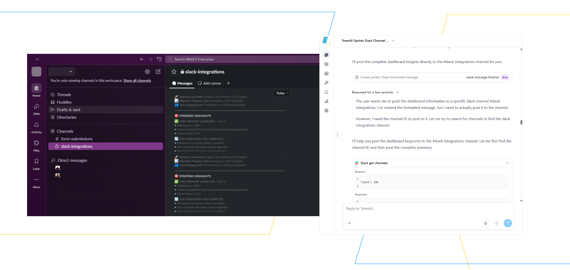 This image displays a dark-themed user interface, likely from a project management or communication tool. On the left, a list of messages or tasks is visible, each with an icon, sender name, and a snippet of text. On the right, a form or settings panel is shown, with fields for input and options related to integrations or configurations. The overall aesthetic suggests a modern, digital workspace.