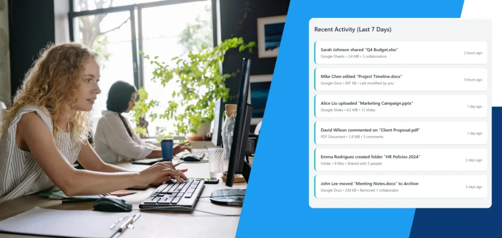 The image displays a modern office environment with two women working on computers, set against a backdrop of a window and lush greenery. To the right, a user interface element shows "Recent Activity (Last 7 Days)" with a list of file-related actions, such as sharing, editing, uploading, commenting, and folder creation, attributed to different team members like Sarah Johnson, Mike Chen, Alice Liu, David Wilson, Emma Rodriguez, and John Lee. This suggests a collaborative and active digital workspace.