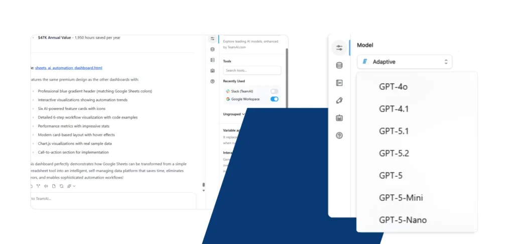 The image displays a dashboard interface, likely for AI model management, featuring a list of available GPT models such as GPT-4o, GPT-4.1, GPT-5.1, GPT-5.2, GPT-5, GPT-5-Mini, and GPT-5-Nano. The dashboard also highlights features like interactive visualizations, AI-powered cards, and workflow visualizations, suggesting a tool for enhancing Google Sheets with AI capabilities and automation, promising significant annual value and time savings.