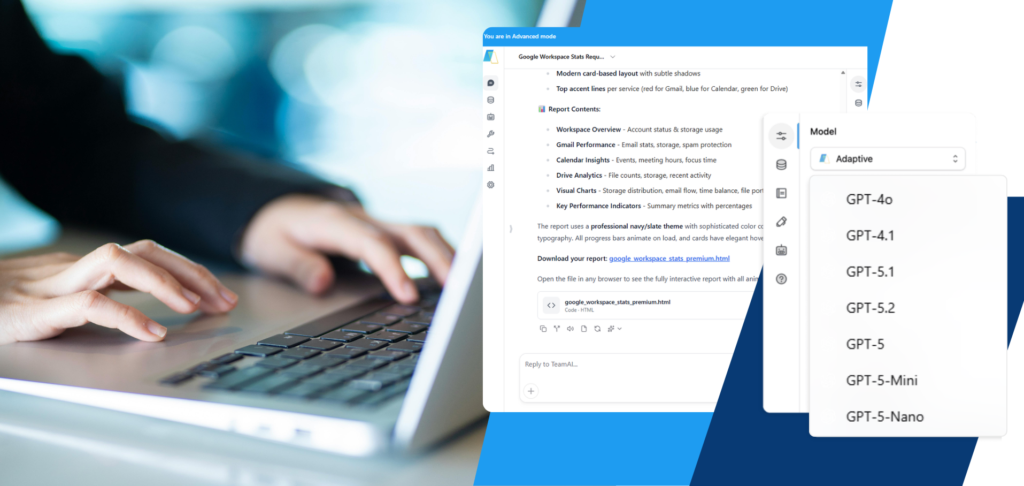 A person's hands are shown typing on a laptop, with a digital interface displaying a Google Workspace statistics report and a dropdown menu for selecting AI models like GPT-4o and GPT-5. The report details various aspects of workspace performance, including account status, email statistics, calendar insights, and drive analytics, presented in a modern card-based layout.