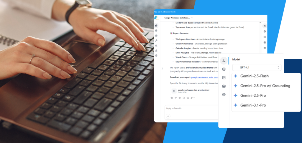A person's hands are shown typing on a laptop keyboard, with a screen displaying a Google Workspace report and a dropdown menu for selecting AI models like Gemini and GPT-4.1.