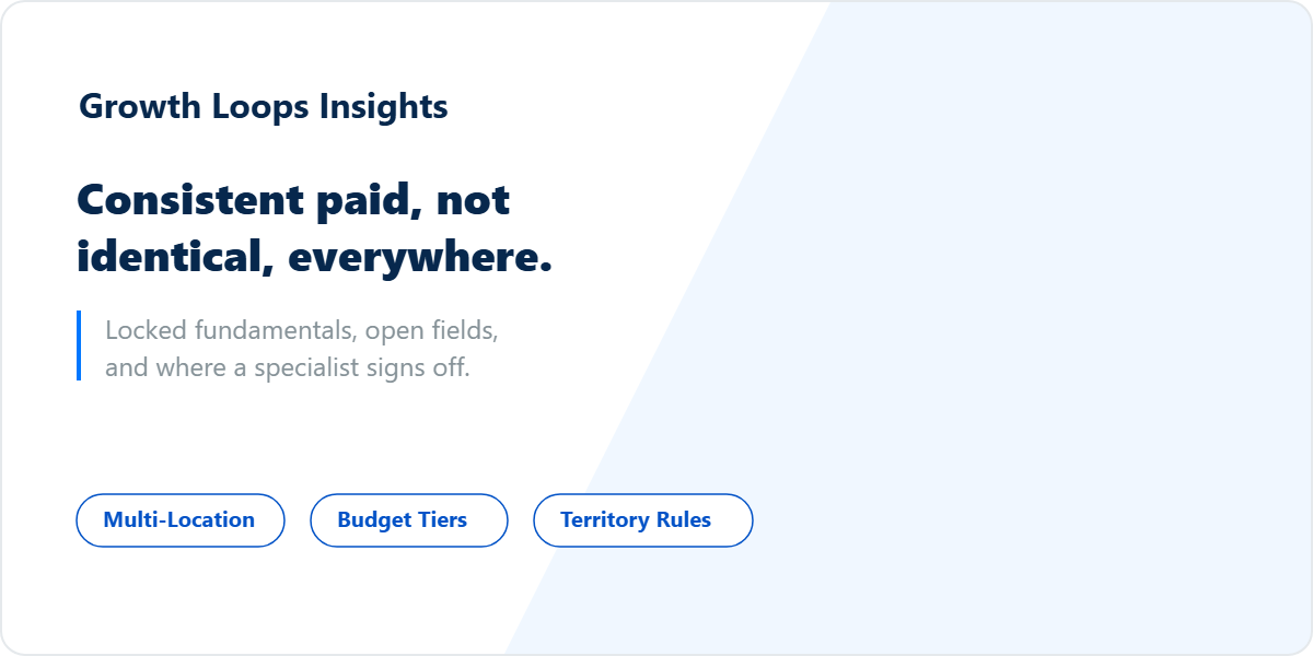 How to keep paid marketing consistent across every location: locked fundamentals versus open fields, and where a specialist has to sign off.