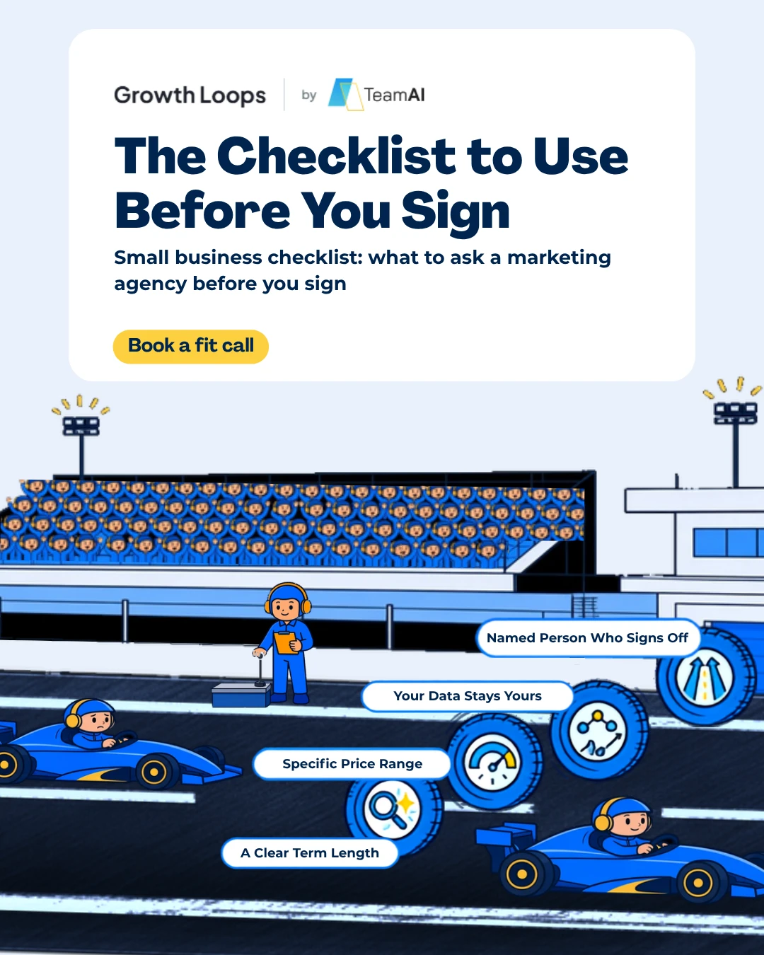 Illustrated racetrack scene with a pit-lane official beside a checklist of what to ask a marketing agency before signing: named person who signs off, your data stays yours, specific price range, a clear term length